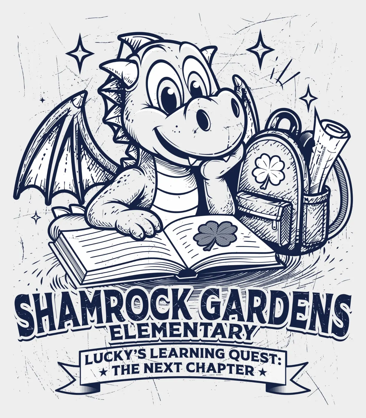 Lucky's Learning Quest: The Next Chapter — Shamrock Gardens Elementary Elementary shirt design by Excel Sportswear