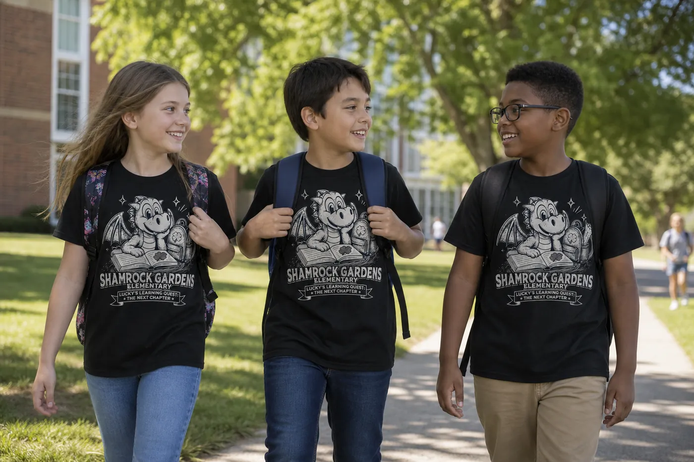 Elementary students walking to class in Shamrock Gardens Elementary shirts printed by Excel Sportswear