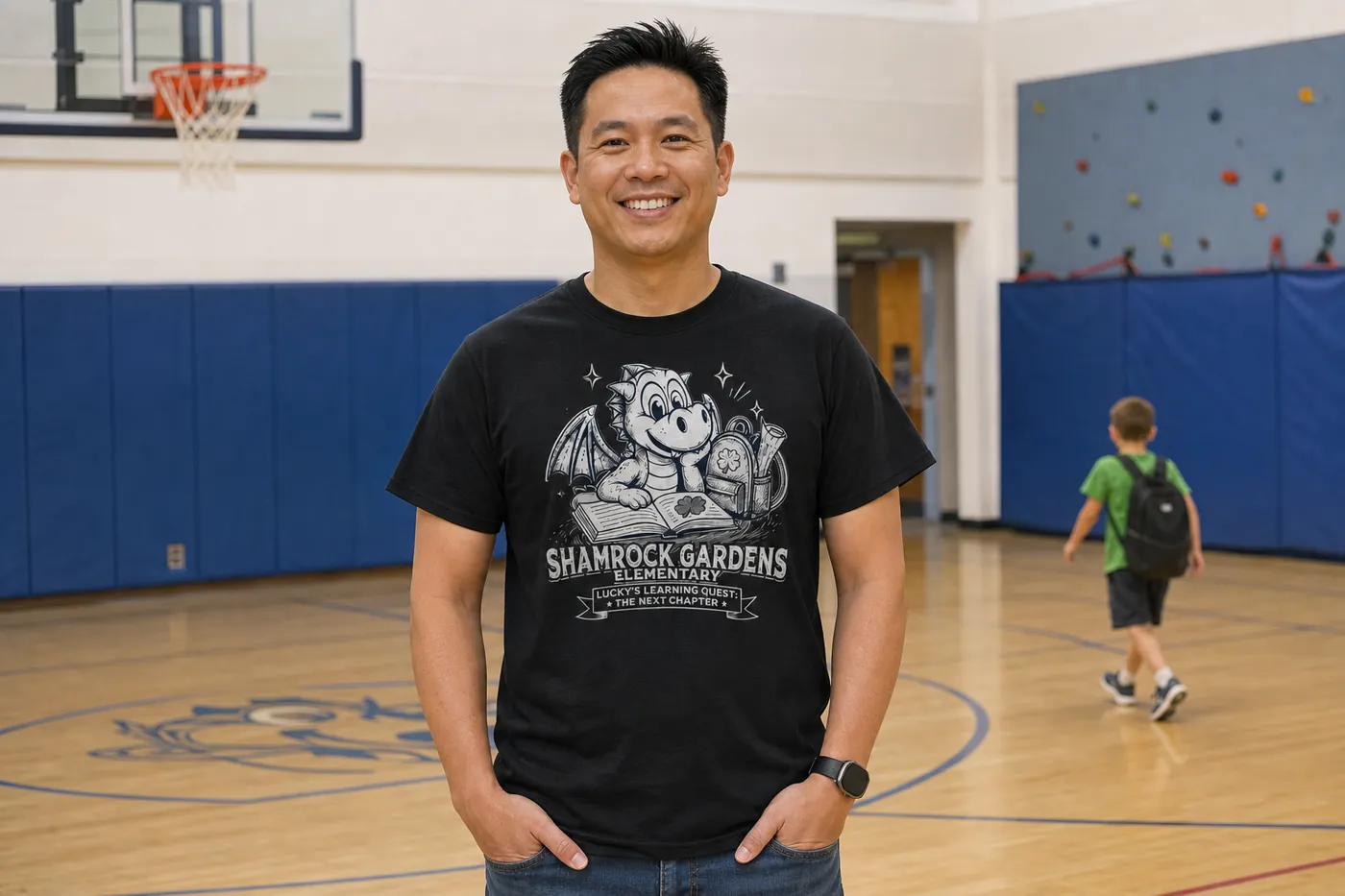 Teacher in the gym wearing a Shamrock Gardens Elementary staff shirt printed by Excel Sportswear