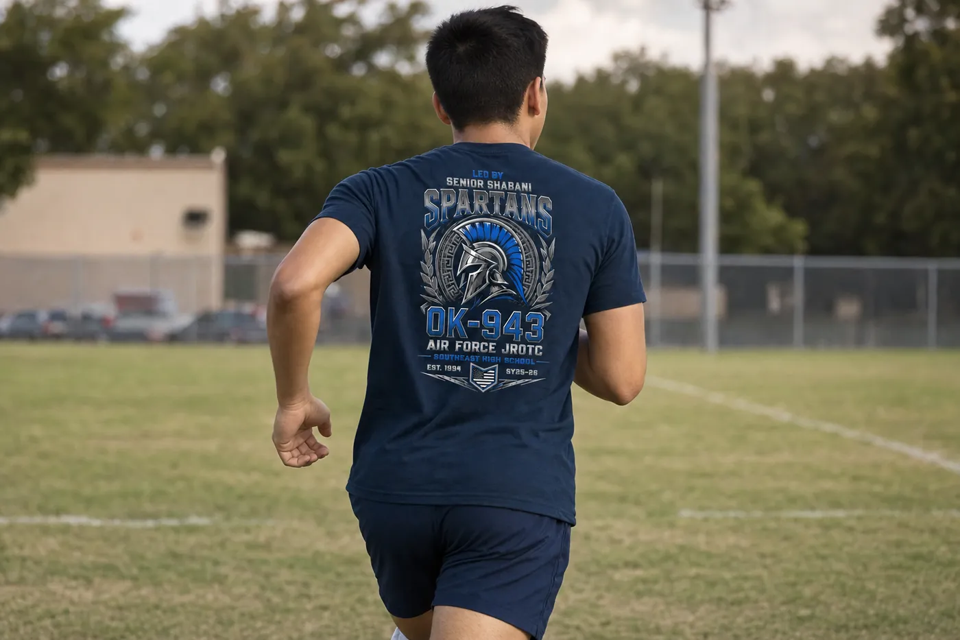 Cadet running in a Southeast High School Air Force JROTC Spartans shirt printed by Excel Sportswear