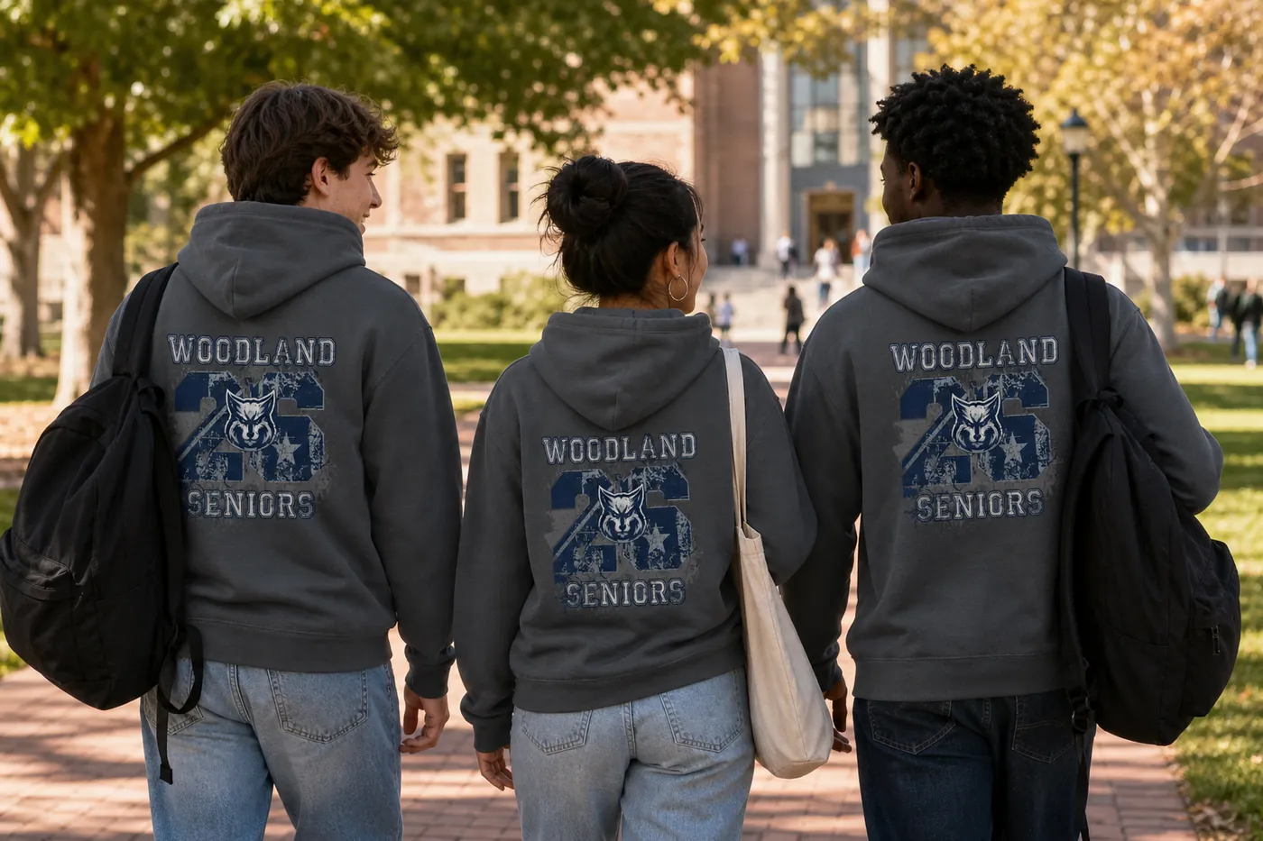 Three students on campus wearing Woodland Seniors class hoodies printed by Excel Sportswear